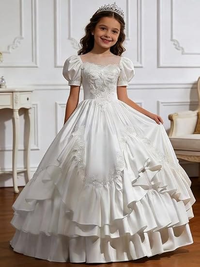 Sunnypetal Satin Sweetheart Neck Puffy Sleeve Lace Applique Princess Flower Girl Dress