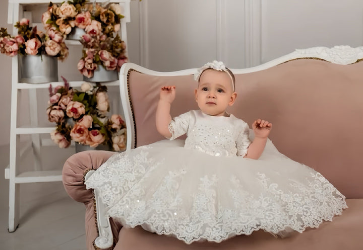 Sunnypetal Sequin Lace Baptism Dress Christening Gown for Baby Girls
