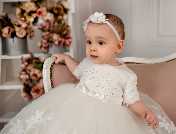 Sunnypetal Sequin Lace Baptism Dress Christening Gown for Baby Girls