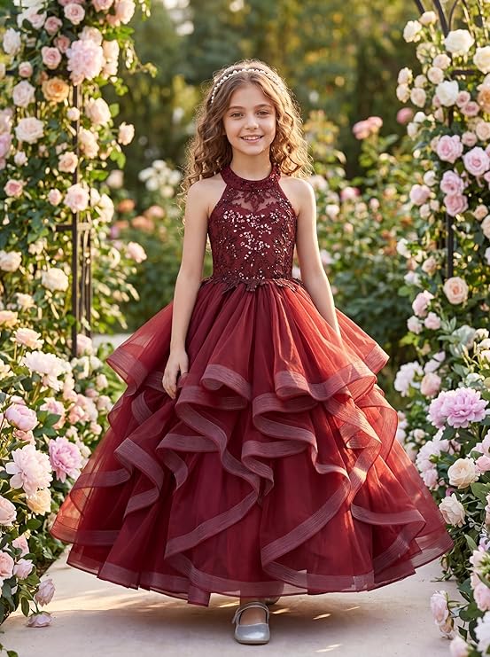 Sunnypetal Sequined Lace Appliqué Tiered Tulle Flower Girl Ball Gown with Halter Neck