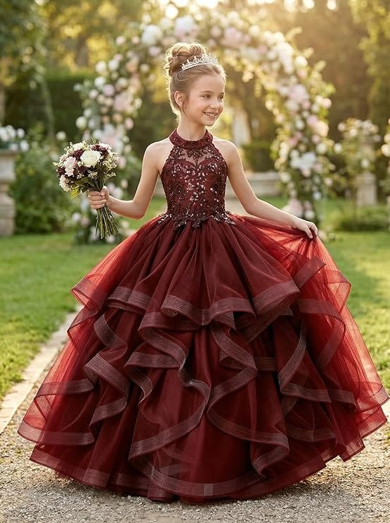 Sunnypetal Sequined Lace Appliqué Tiered Tulle Flower Girl Ball Gown with Halter Neck