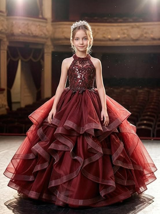 Sunnypetal Sequined Lace Appliqué Tiered Tulle Flower Girl Ball Gown with Halter Neck