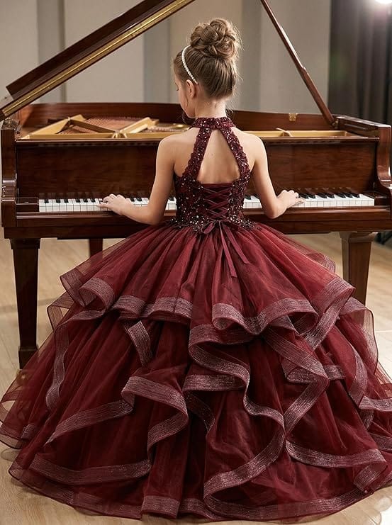 Sunnypetal Sequined Lace Appliqué Tiered Tulle Flower Girl Ball Gown with Halter Neck