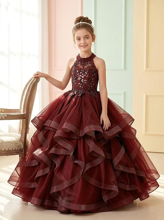 Sunnypetal Sequined Lace Appliqué Tiered Tulle Flower Girl Ball Gown with Halter Neck