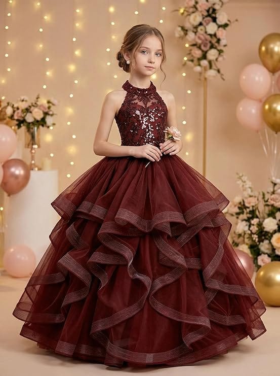 Sunnypetal Sequined Lace Appliqué Tiered Tulle Flower Girl Ball Gown with Halter Neck
