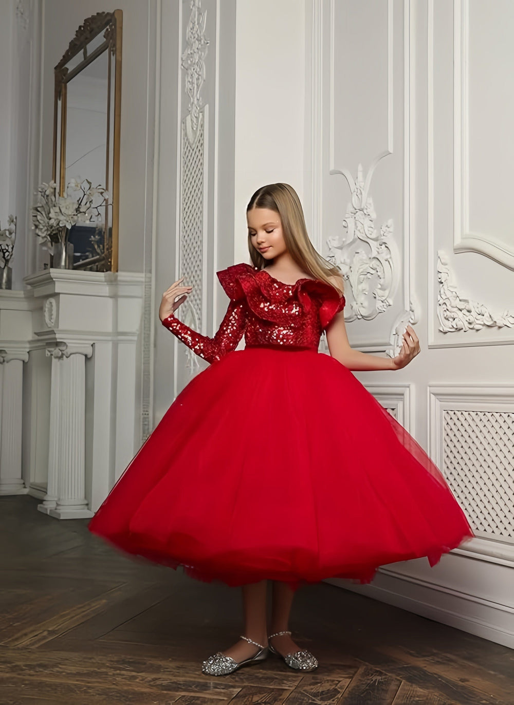 Sunnypetal Sequins Long Sleeve One Shoulder Ankle-Length Flower Girl Dresses Pageant Gowns