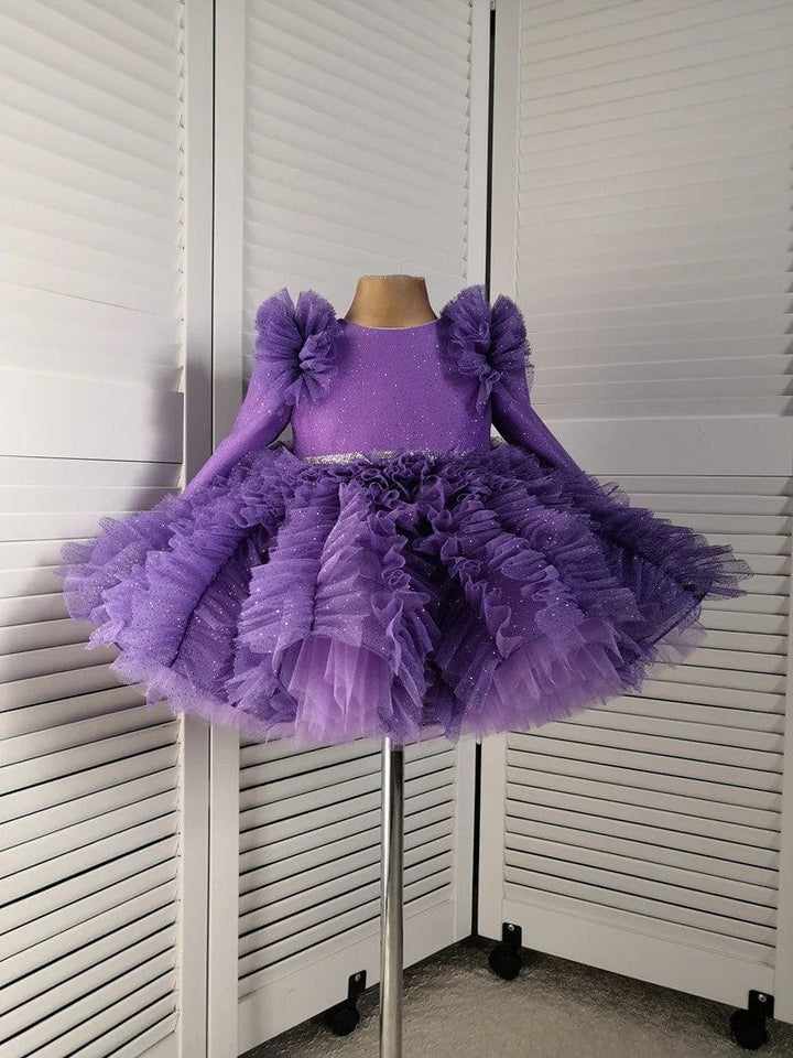 Sunnypetal Shiny Fluffy Lavender Tulle Ball-Gown Flower Girl Dresses with Bow