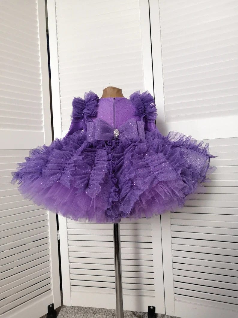 Sunnypetal Shiny Fluffy Lavender Tulle Ball-Gown Flower Girl Dresses with Bow
