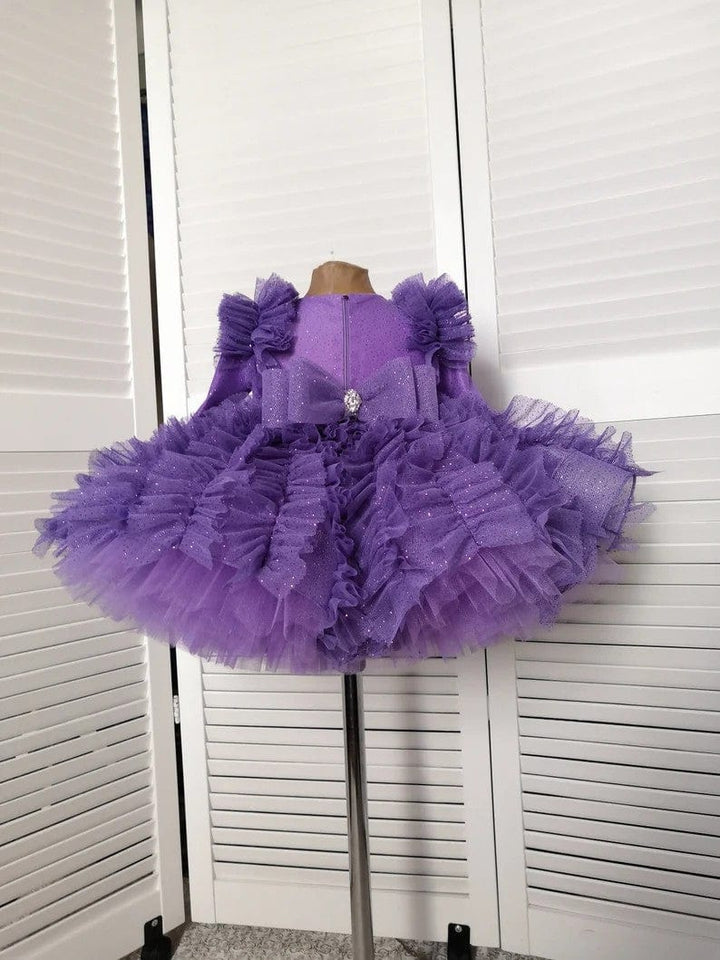 Sunnypetal Shiny Fluffy Lavender Tulle Ball-Gown Flower Girl Dresses with Bow