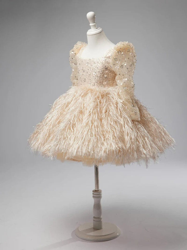 Sunnypetal Shiny Sequins Tulle Feathers Knee-Length Toddler Girl Birthday Pageant Dance Dress