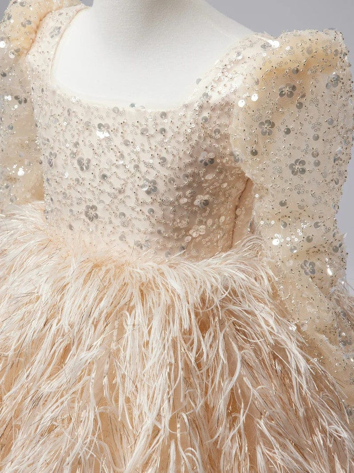 Sunnypetal Shiny Sequins Tulle Feathers Knee-Length Toddler Girl Birthday Pageant Dance Dress
