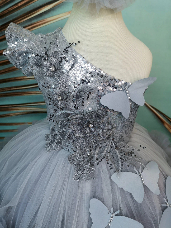 Sunnypetal Silver One-Shoulder Sequin 3D Butterfly Asymmetry Flower Girl Dresses