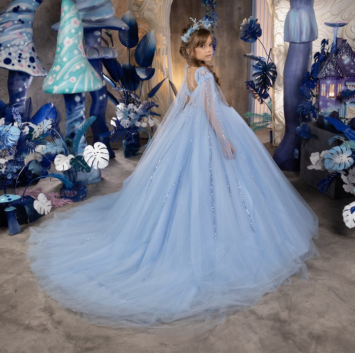 Sunnypetal Sky Blue Cloak Sleeves Tulle Sequins Long Ball Gown Flower Girl Dress