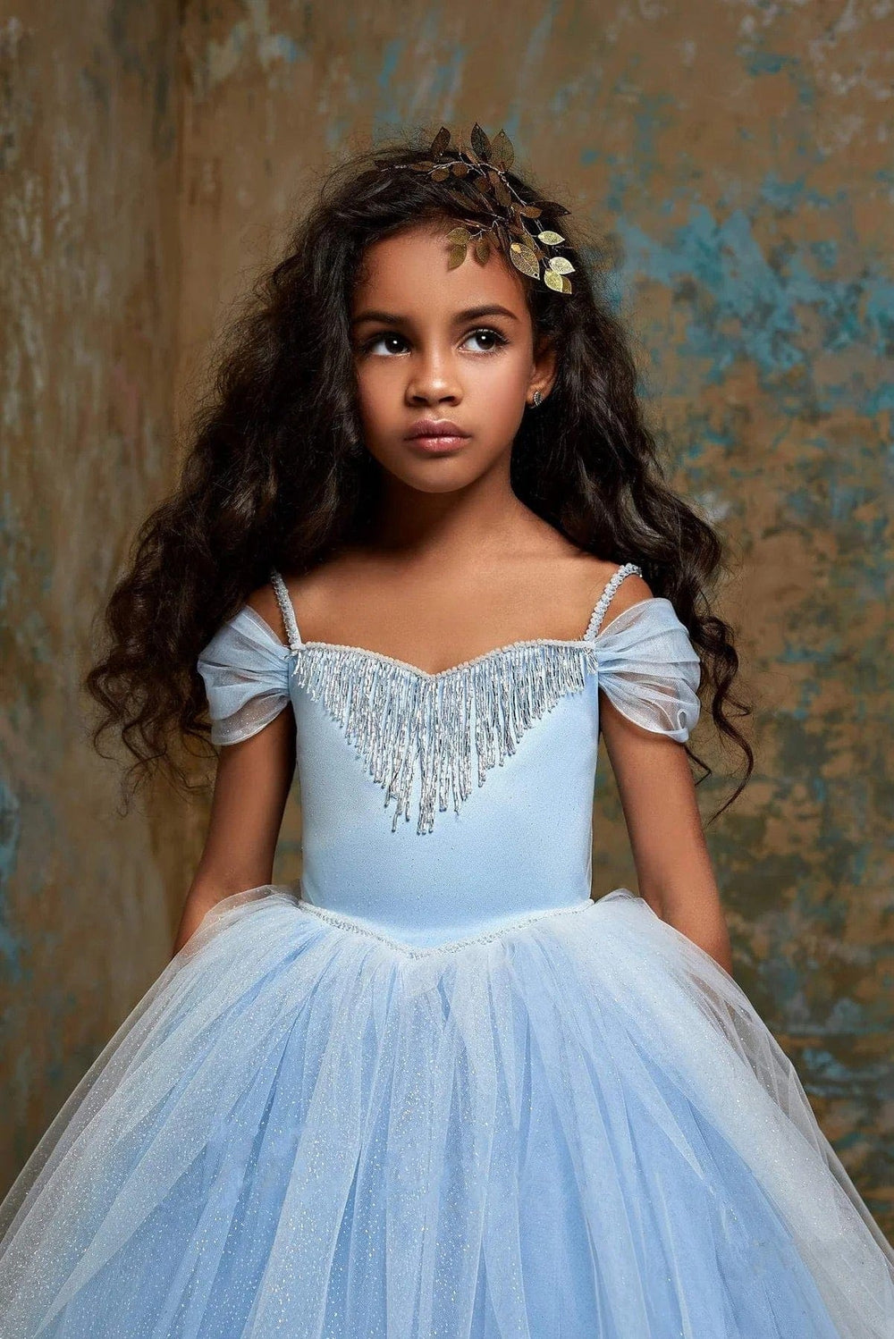 Sunnypetal Sky Blue Tulle Dress for Girls with Beaded Fringe Bodice