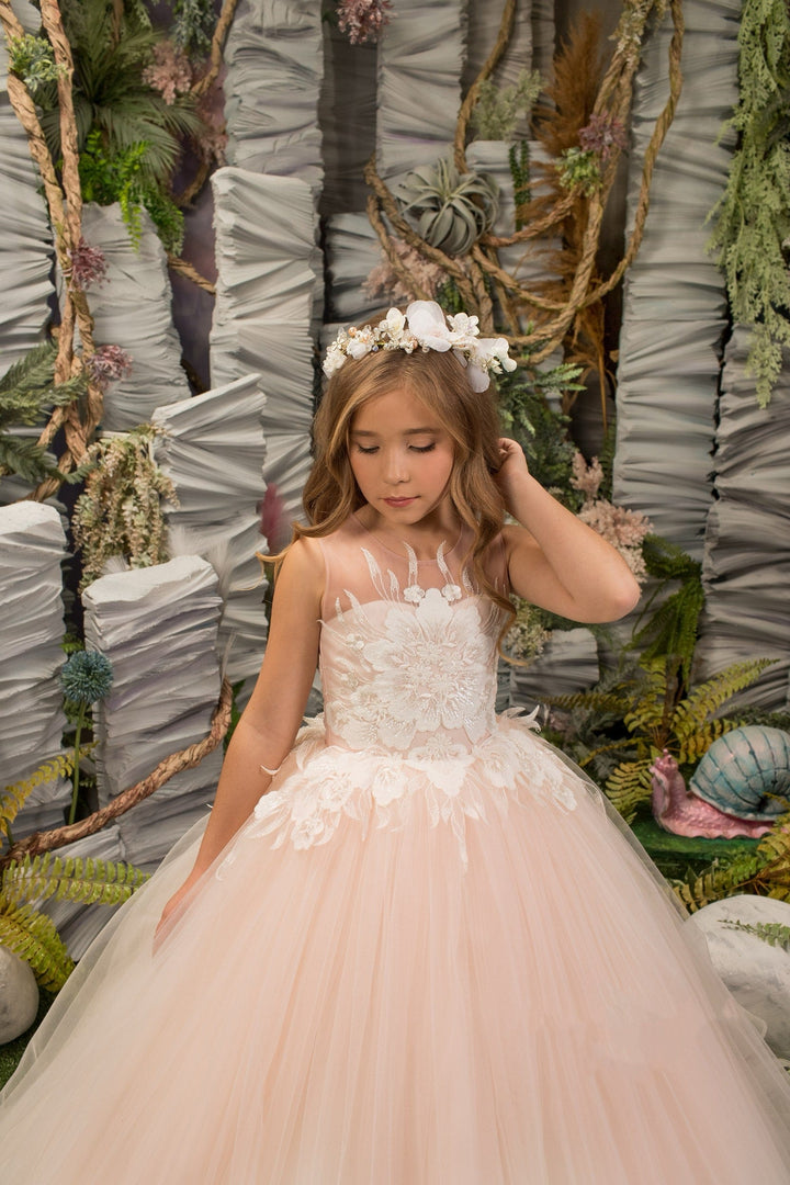 Sunnypetal Sleeveless Floral Appliques Sequins Long Princess Tulle Flower Girl Dresses