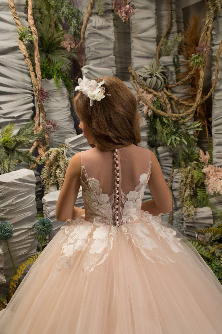 Sunnypetal Sleeveless Floral Appliques Sequins Long Princess Tulle Flower Girl Dresses