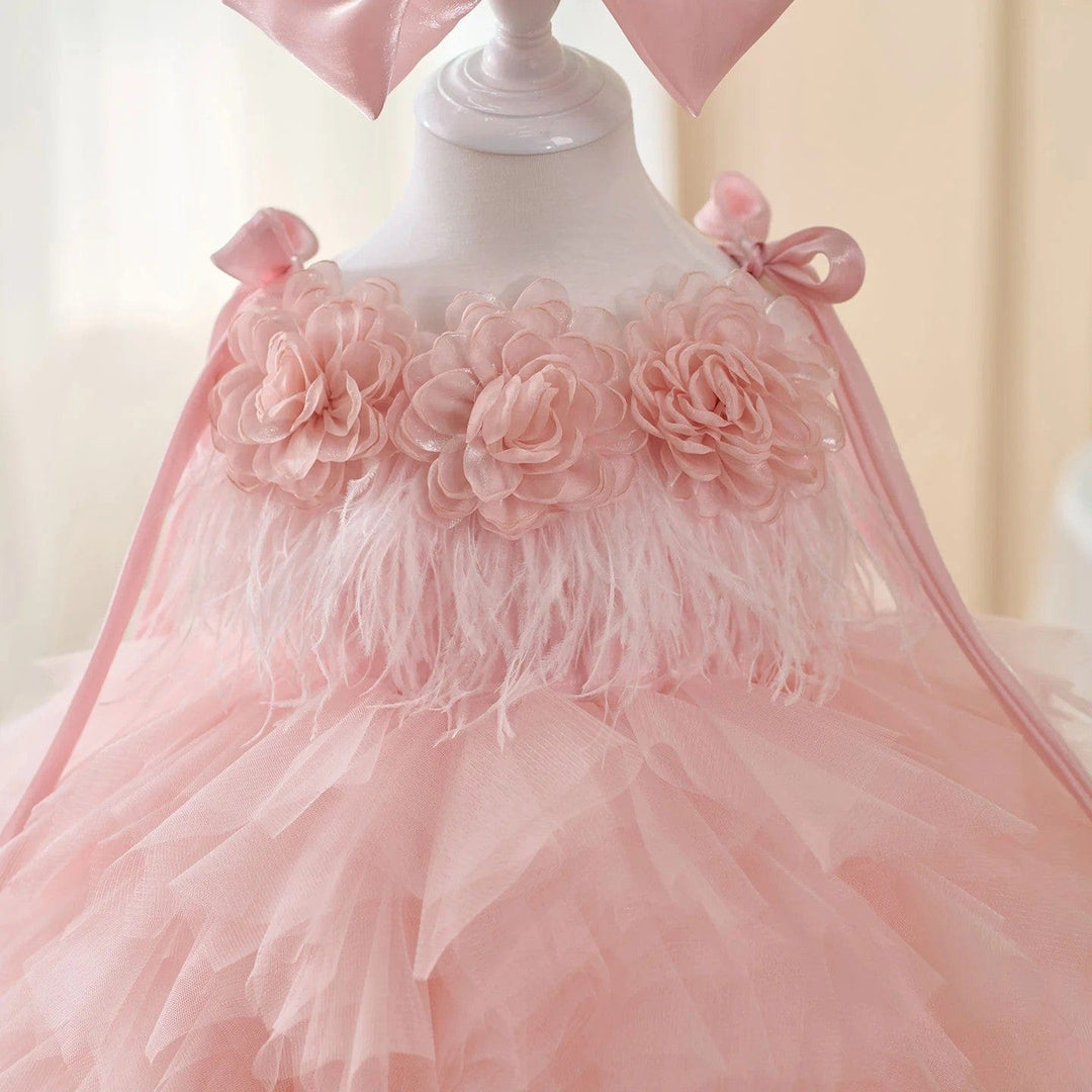 Sunnypetal Sleeveless Layered Tulle Flower Girl Dress with 3D Flowers and Bow