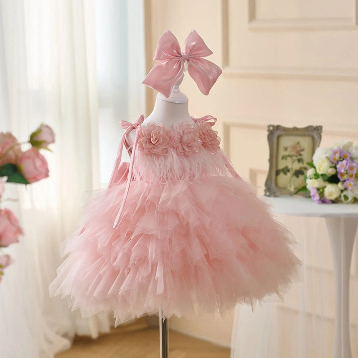Sunnypetal Sleeveless Layered Tulle Flower Girl Dress with 3D Flowers and Bow