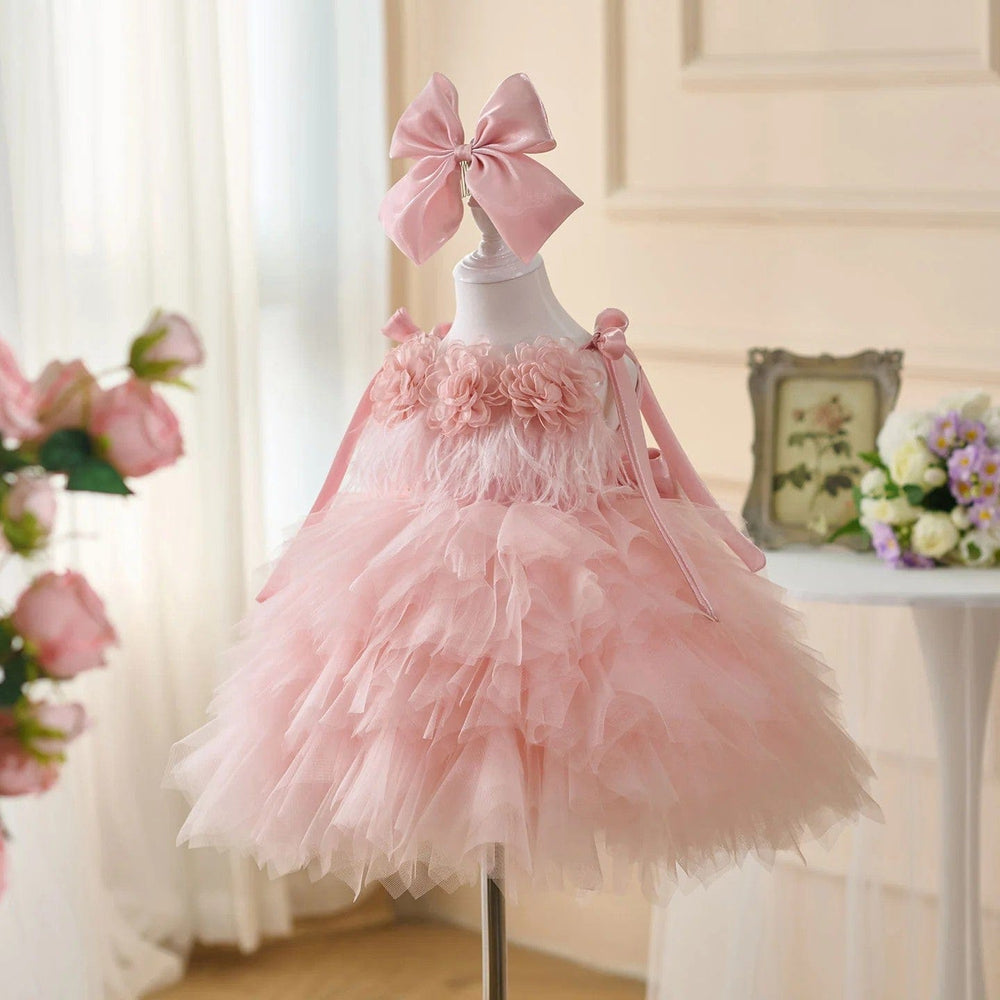 Sunnypetal Sleeveless Layered Tulle Flower Girl Dress with 3D Flowers and Bow