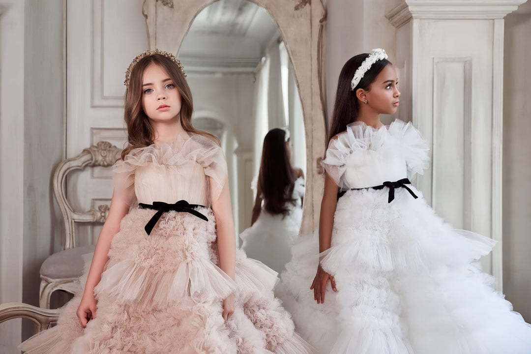 Sunnypetal Sophisticated A-Line Tulle Ruffled Flower Girl Dress with Sheer Shoulders & Black Velvet Bow