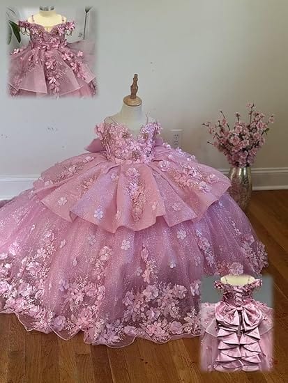 Sunnypetal Sparkling 3D Floral Beaded Off-Shoulder Pageant Dress for Girls