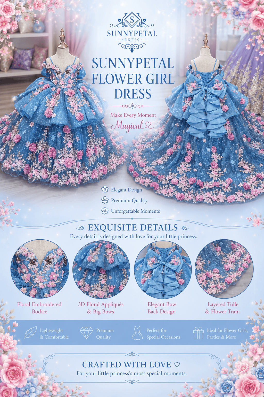 Sunnypetal Sparkling 3D Floral Beaded Off-Shoulder Pageant Dress for Girls