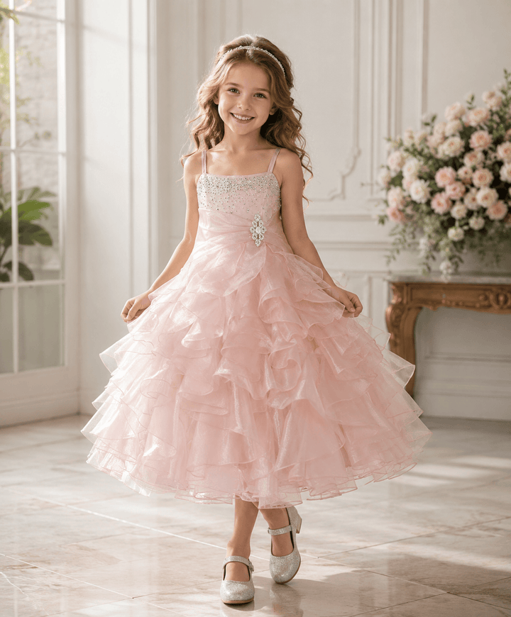 Sunnypetal Sparkling Blush Ruffle Flower Girl Dress Birthday Pageant Gown