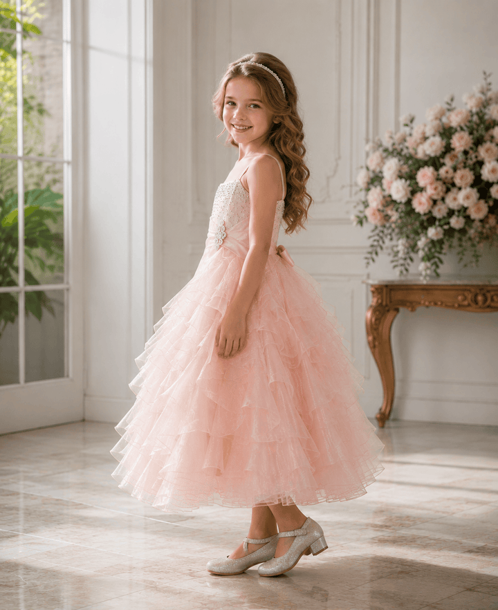 Sunnypetal Sparkling Blush Ruffle Flower Girl Dress Birthday Pageant Gown
