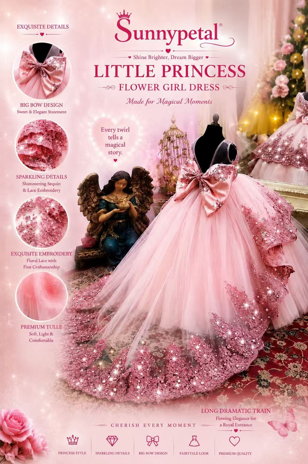Sunnypetal Sparkling Flower Girl Dress With Bow Lace Applique Beaded Pageant Ball Gown