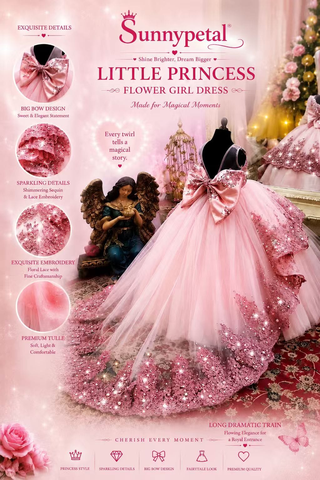 Sunnypetal Sparkling Flower Girl Dress With Bow Lace Applique Beaded Pageant Ball Gown
