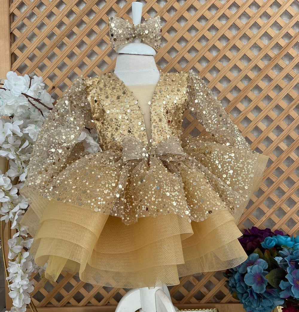 Sunnypetal Sparkling Gold Sequin Tulle Flower Girl Dress with Bow and Glitter Layers