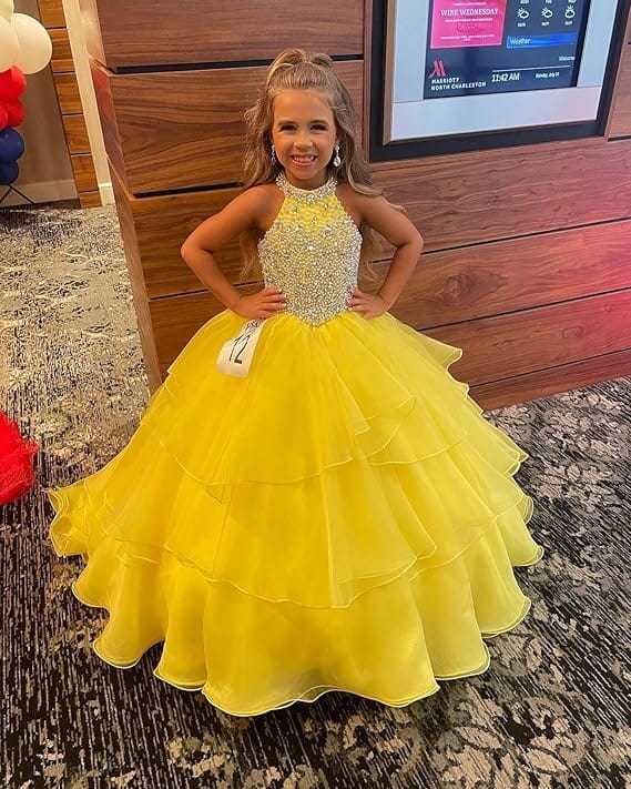 Sunnypetal Sparkling High Neck Ball Gown Flower Girl Dress with Beaded Bodice