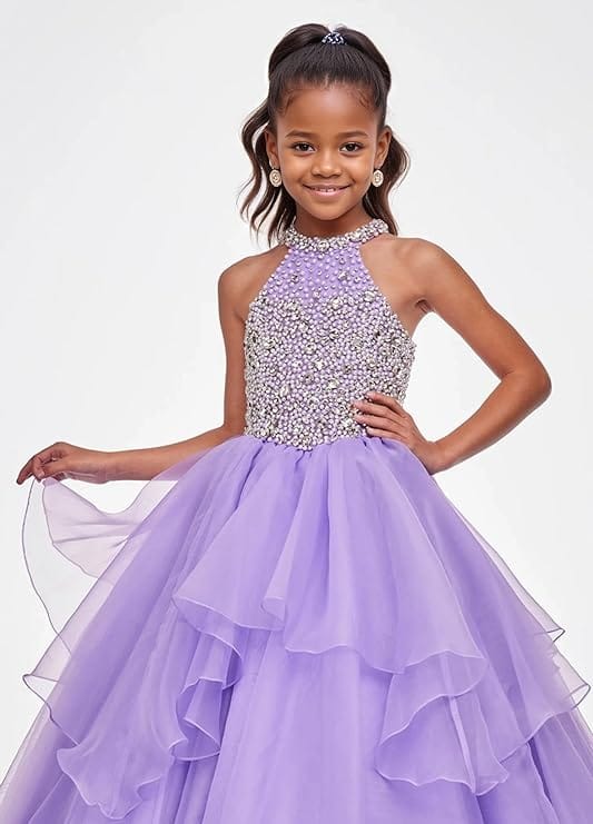 Sunnypetal Sparkling High Neck Ball Gown Flower Girl Dress with Beaded Bodice
