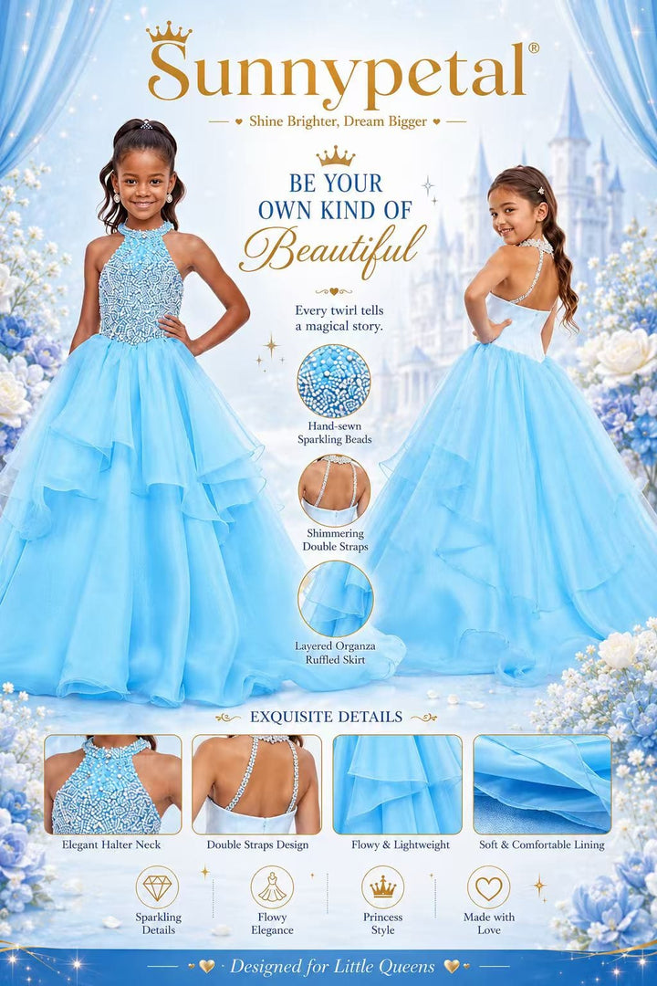 Sunnypetal Sparkling High Neck Ball Gown Flower Girl Dress with Beaded Bodice