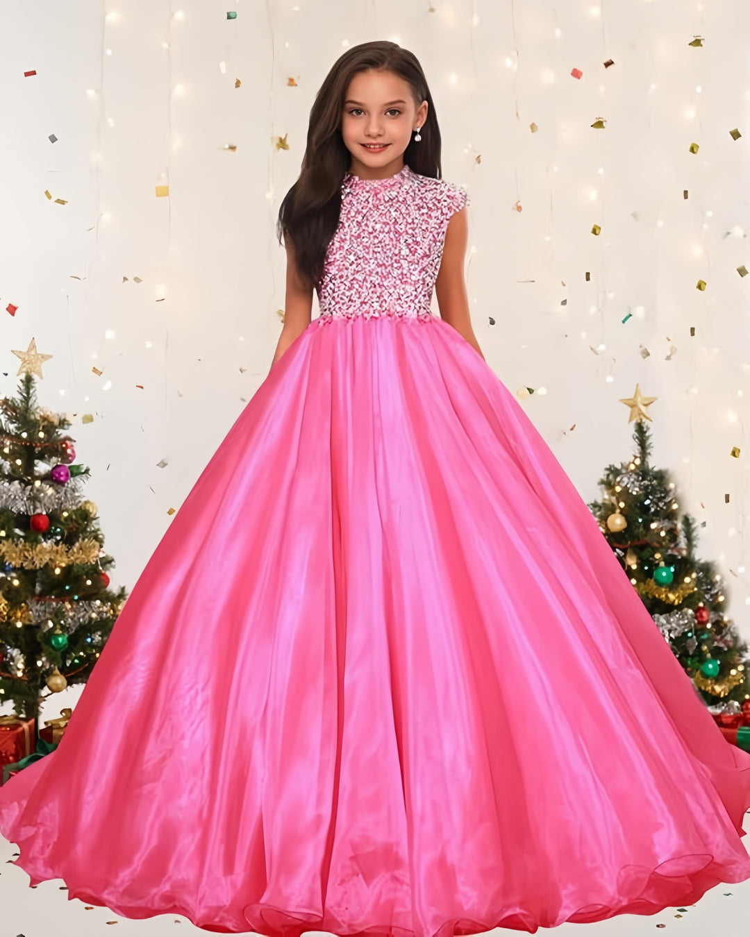 Sunnypetal Sparkling Hot Pink Ball Gown Flower Girl Dress with Rhinestones Beaded Bodice