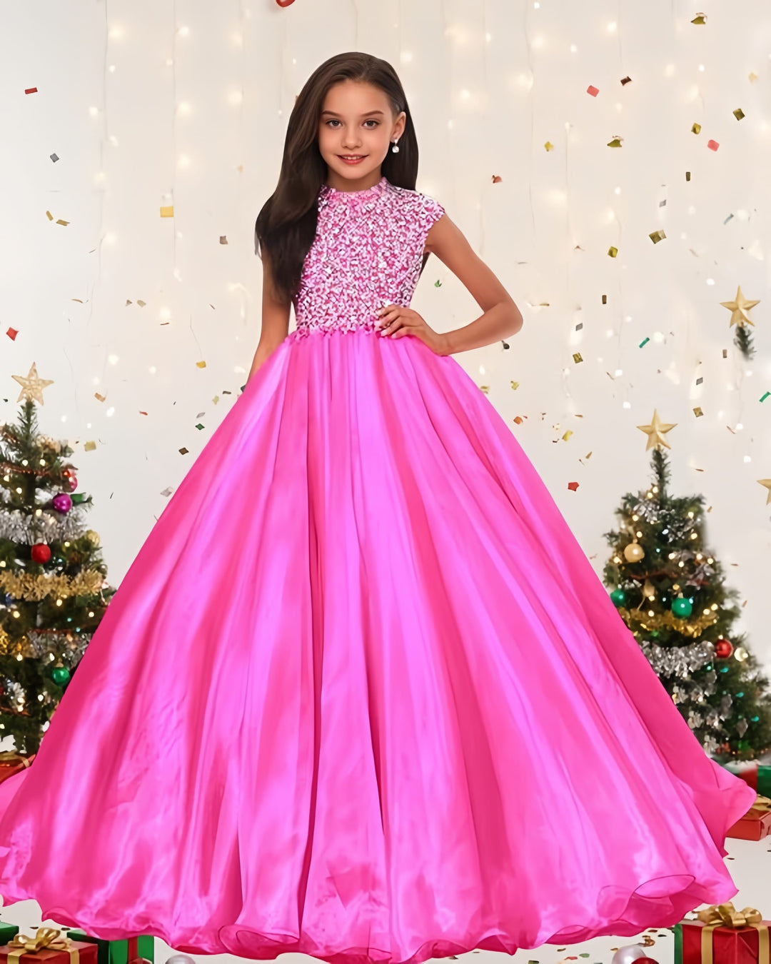 Sunnypetal Sparkling Hot Pink Ball Gown Flower Girl Dress with Rhinestones Beaded Bodice