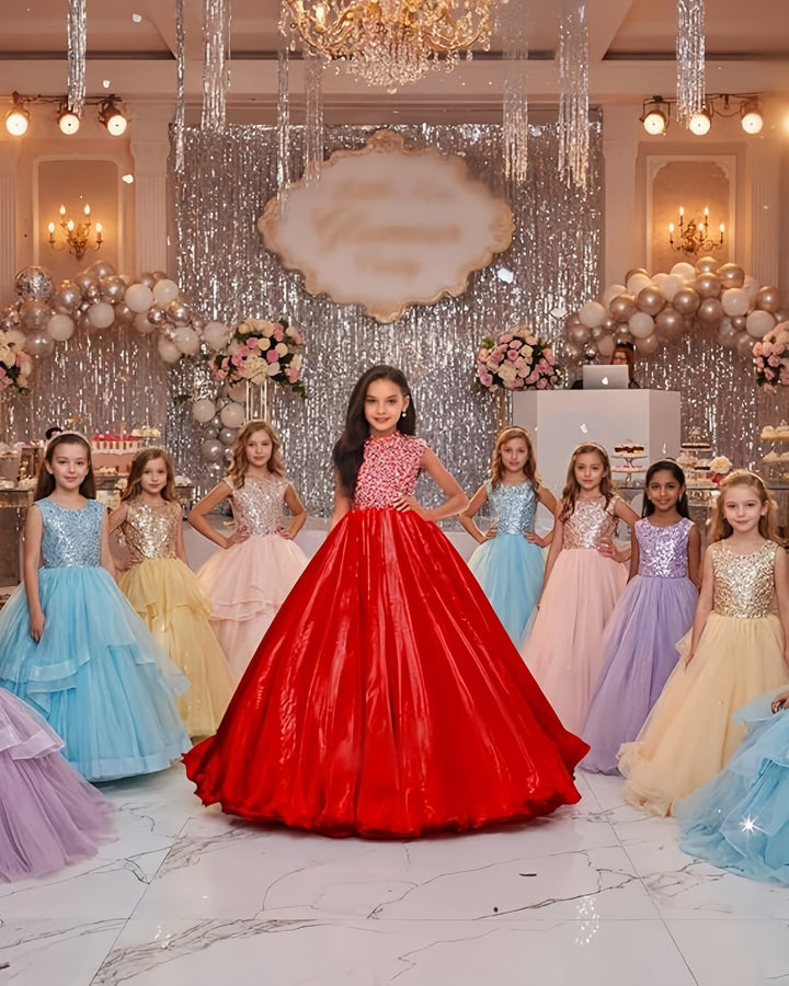 Sunnypetal Sparkling Hot Pink Ball Gown Flower Girl Dress with Rhinestones Beaded Bodice