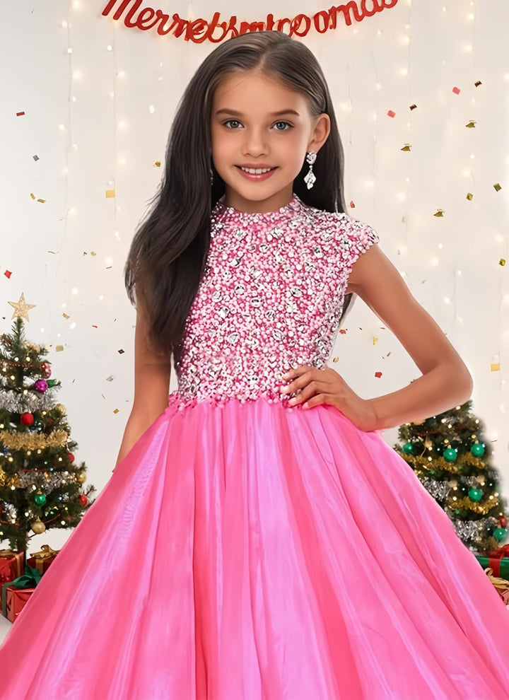 Sunnypetal Sparkling Hot Pink Ball Gown Flower Girl Dress with Rhinestones Beaded Bodice