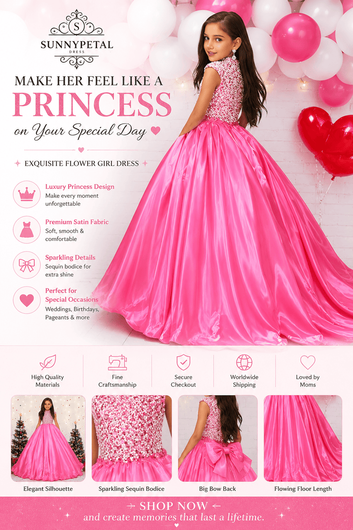 Sunnypetal Sparkling Hot Pink Ball Gown Flower Girl Dress with Rhinestones Beaded Bodice