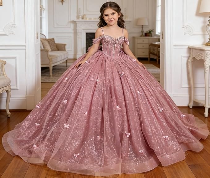 Sunnypetal Sparkling Off-Shoulder Glitter Tulle Flower Girl Dress with Oversized Bow