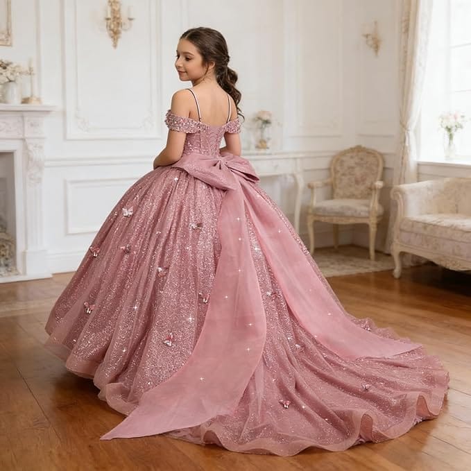 Sunnypetal Sparkling Off-Shoulder Glitter Tulle Flower Girl Dress with Oversized Bow