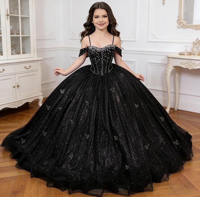 Sunnypetal Sparkling Off-Shoulder Glitter Tulle Flower Girl Dress with Oversized Bow