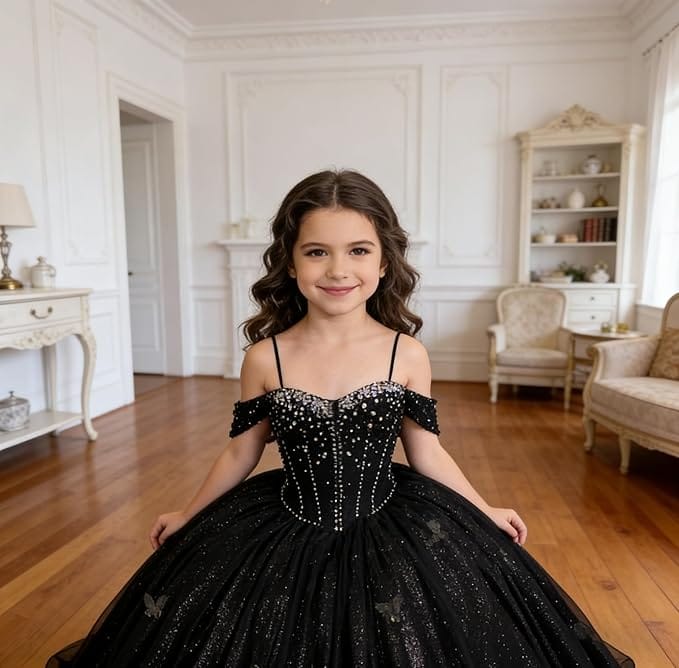 Sunnypetal Sparkling Off-Shoulder Glitter Tulle Flower Girl Dress with Oversized Bow
