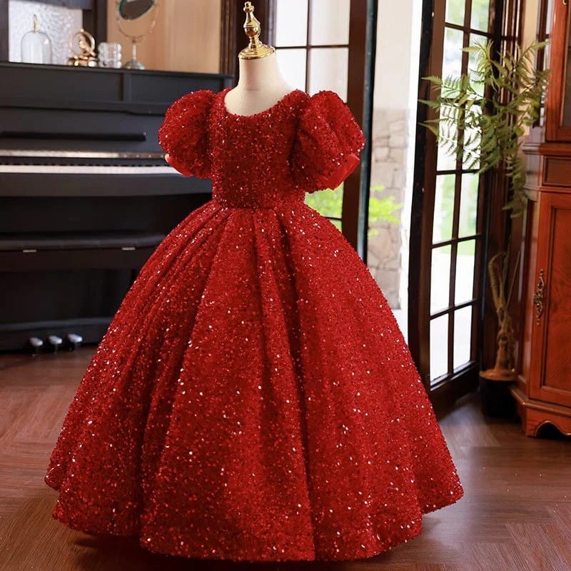 Sunnypetal Sparkling Red Sequin Ball Gown Flower Girl Dress for Special Occasions