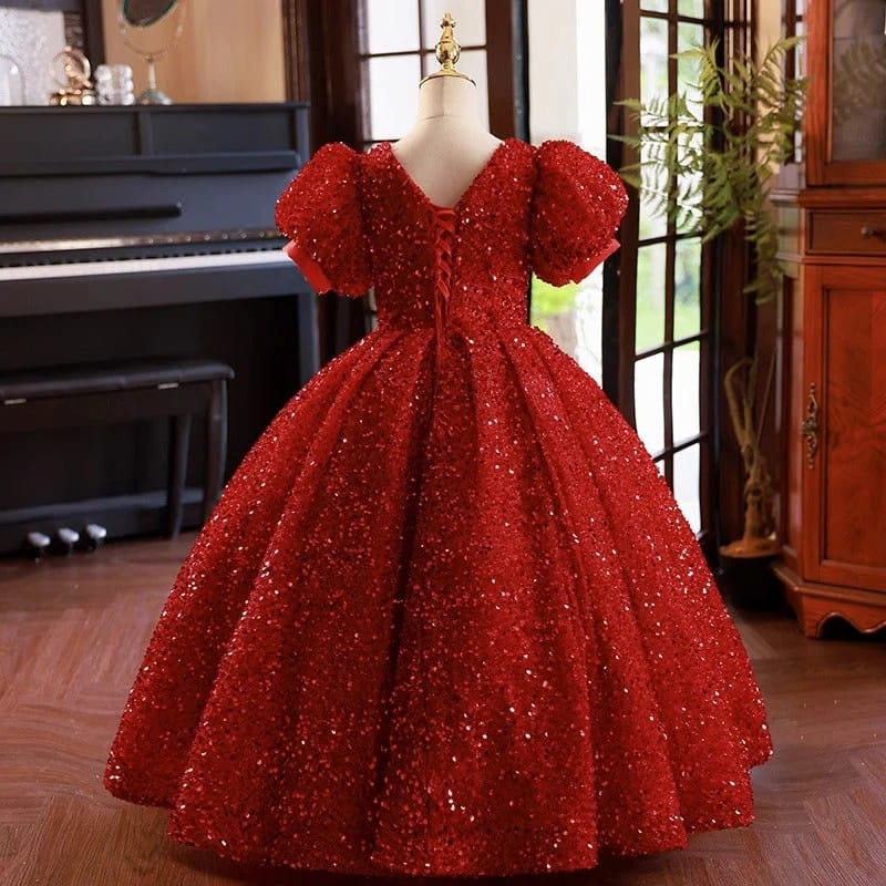 Sunnypetal Sparkling Red Sequin Ball Gown Flower Girl Dress for Special Occasions