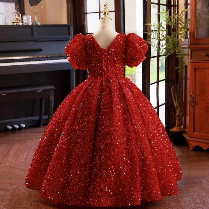 Sunnypetal Sparkling Red Sequin Ball Gown Flower Girl Dress for Special Occasions