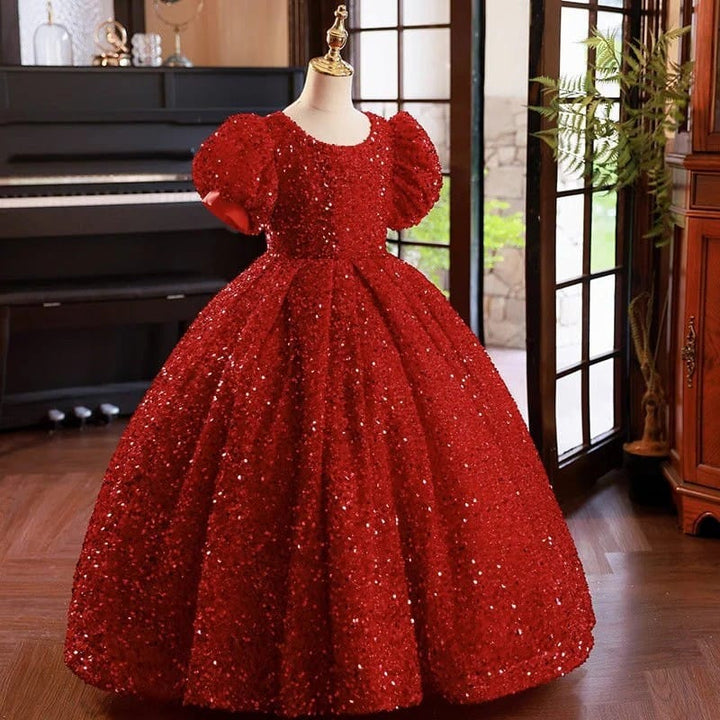 Sunnypetal Sparkling Red Sequin Ball Gown Flower Girl Dress for Special Occasions