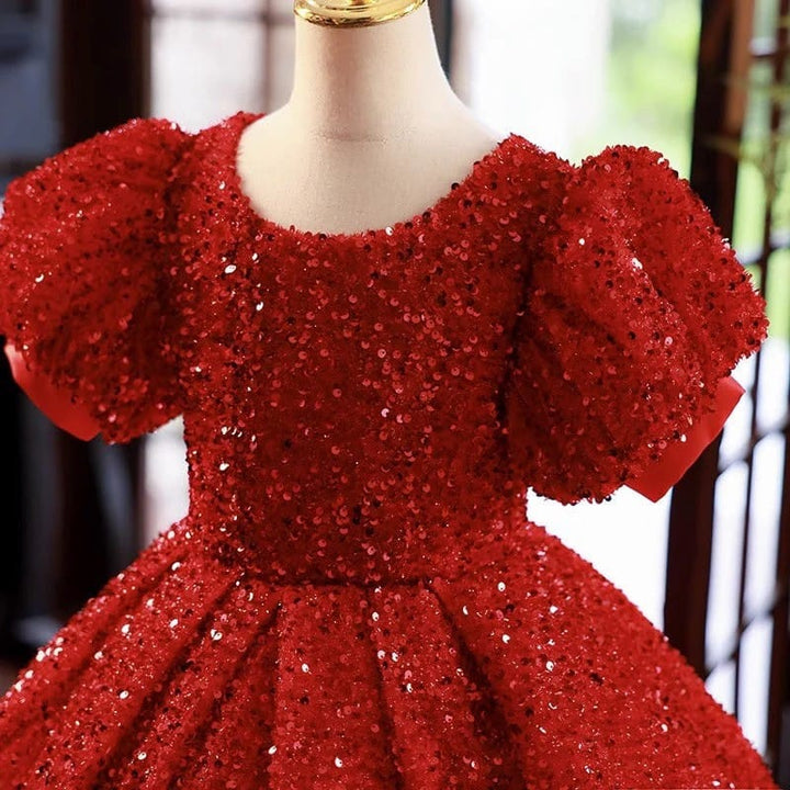 Sunnypetal Sparkling Red Sequin Ball Gown Flower Girl Dress for Special Occasions