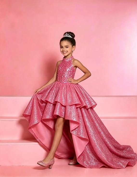 Sunnypetal Sparkly Sequin Halter High Low Flower Girl Dress Pageant Gown