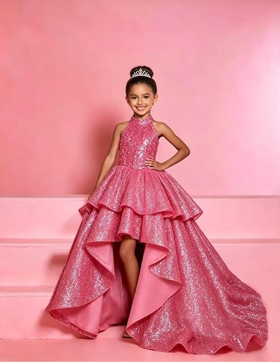Sunnypetal Sparkly Sequin Halter High Low Flower Girl Dress Pageant Gown